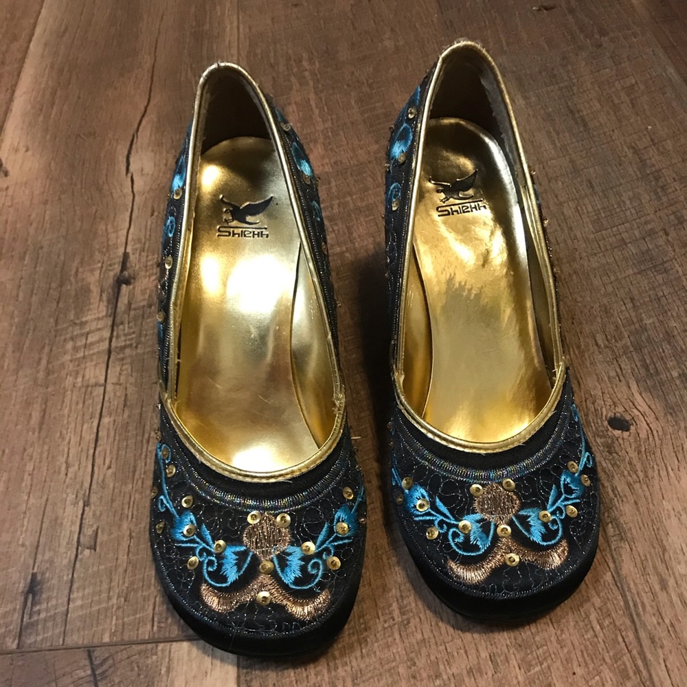 Black Embroidered Wedge Heels